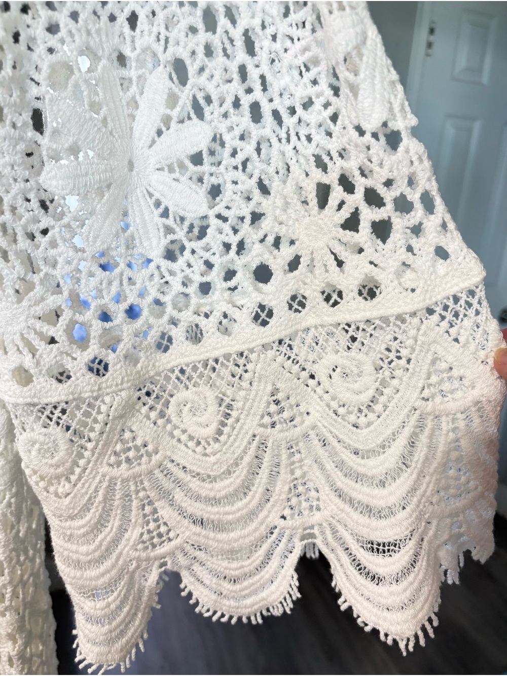 Roaman's Plus Size White Crochet Longline Openwork Cardigan - Picture 8 of 16